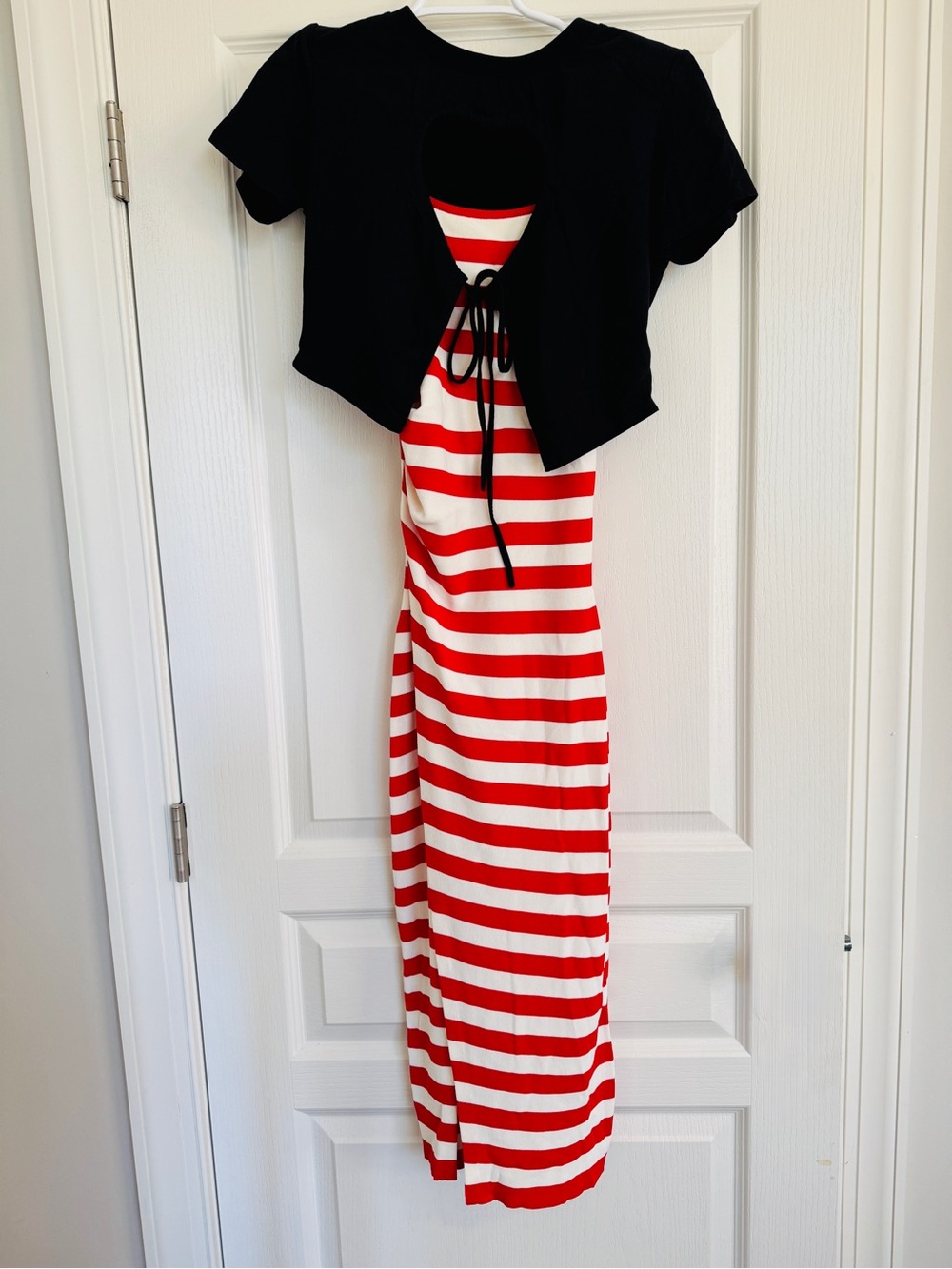 Striped Red & White Midi Dress with Black Cropped Bolero